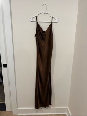 Audrey 3+1 Brown Satin Slip Maxi Dress with Cowl Neck